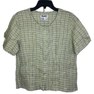 Flax Green/Yellow Short Sleeve Check 100% Linen Lagenlook Button Front Shirt